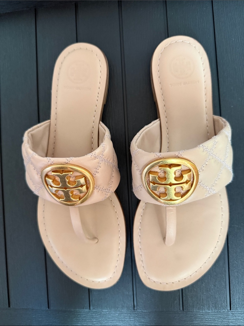 Tory Burch Nude Quilted Thong Sandals with Gold Logo Medallion